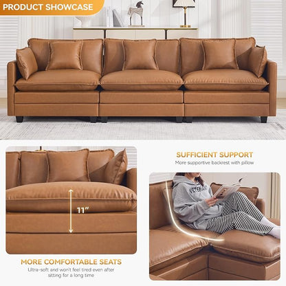 111'' Sectional Cloud Deep Seat Couch, Modern Comfy Leather Modular Sectional Sofa for Living Room Set, Upholstered Modular 3-Seats Sofa Couch, Leather Light Brown