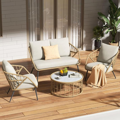 Patio Sofa, PE Rattan Wicker Loveseat, 2 Seater Outdoor Couch with 4.7" Thick Cushions, Outdoor Furniture for Garden Balcony Deck Porch or Backyard, Beige