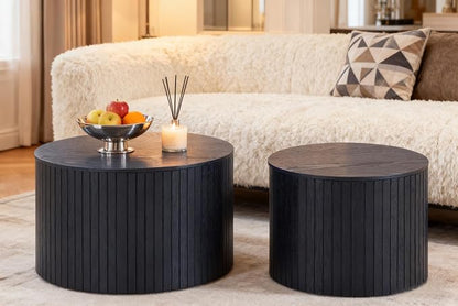 Nesting Coffee Tables Set of 2, Black Round Coffee Tables with Storage, Modern Fluted Circle Coffee Tea Table, Accent Wooden Drum Side End Table for Small Spaces Living Room