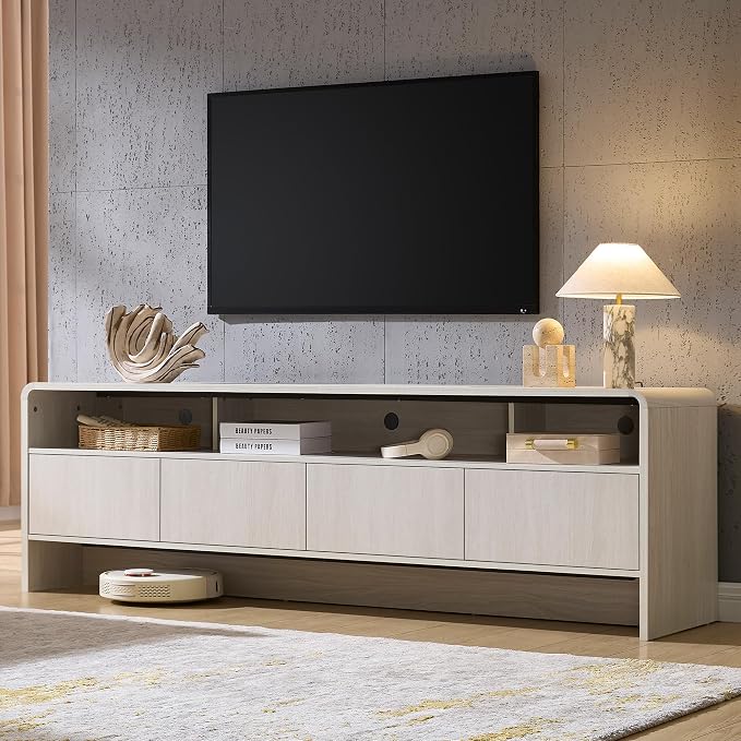 AMERLIFE 70" Modern TV Stand for TVs Up to 80", Wood TV Console with Curved Profile Design & 2 Storage Cabinets, Media Console Entertainment Center for Living Room, White