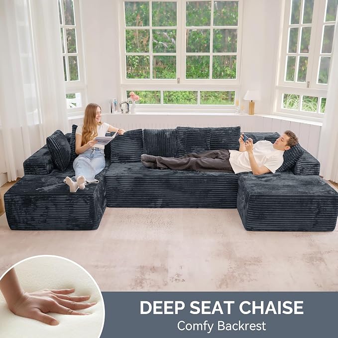 131'' Modular Sectional Cloud Sofa, U-Shaped Boneless Couches with Chaise Lounge Deep Seat with 8 pcs Pillows, Fluffy Memory Foam(No Assembly Required)