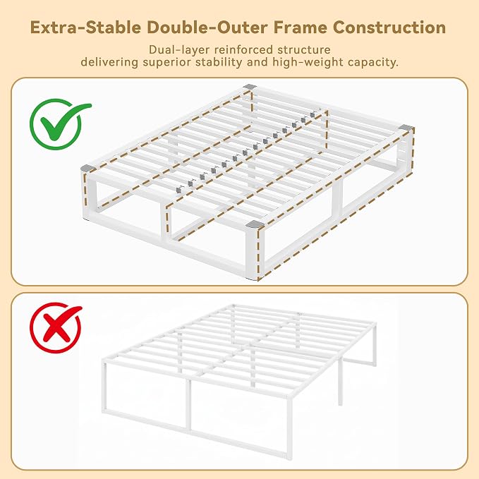 14 Inch King Size Bed Frame with Rounded Corner and Headboard Hole, Metal Platform Bed Frames 6 Non-Slip Guards, 3500lbs Heavy Duty Steel Slat Support, Squeak Free, No Box Spring Needed, White