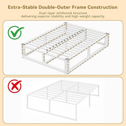 14 Inch King Size Bed Frame with Rounded Corner and Headboard Hole, Metal Platform Bed Frames 6 Non-Slip Guards, 3500lbs Heavy Duty Steel Slat Support, Squeak Free, No Box Spring Needed, White