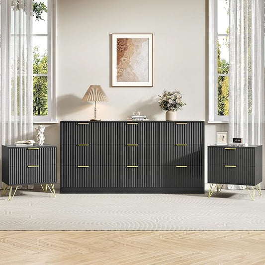 9 Drawer Dresser and Nightstand Sets for Bedroom, 3 Pcs Bedroom Set，Night Stand Set of 2 & 9 Drawer Dresser with Gold Handles, Modern Wood Chest of Drawers Storage Cabinet Set, Black
