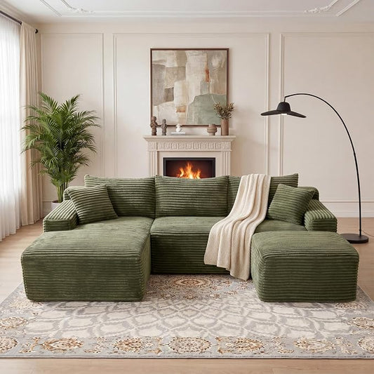95-Inch U-Shaped Left Facing Corner Compressed Sofa Modular Sectional Boneless Cloud Sofa Floor Foam Couch W/Chaise Lounge & Ottoman, Corduroy Corner Boneless Cloud Couch