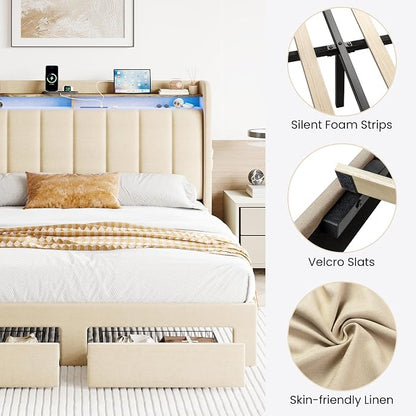 SHA CERLIN Full Size Platform Bed Frame with Vertical Channel Tufted Wingback Headboard & 2 Storage Drawers/2-Tier Shelves with LED Lights & Charging Station/Noise-Free/No Box Spring Needed/Beige