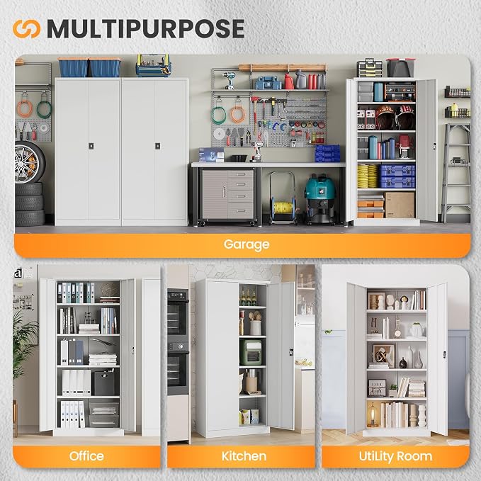 Metal Garage Storage Cabinets with Lock, 72" Tall Tool Cabinet with 2 Door and 4 Adjustable Shelves, Locking Garage Cabinets and Lockable Steel Locker for Home Office Warehouse - (White-72”H)