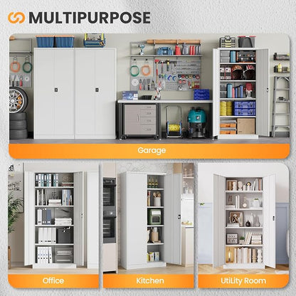 Metal Garage Storage Cabinets with Lock, 72" Tall Tool Cabinet with 2 Door and 4 Adjustable Shelves, Locking Garage Cabinets and Lockable Steel Locker for Home Office Warehouse - (White-72”H)