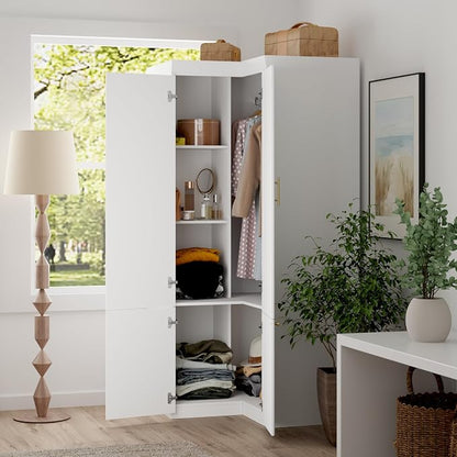 AIEGLE Corner Armoire Wardrobe Closet with Drawers, White Coat Closet with Doors, Modern Tall Wardrobe Corner Cabinet Closet with Hanging Rod for Bedroom, Freestanding, White, 35.4"D x 35.4"W x 74.2"H