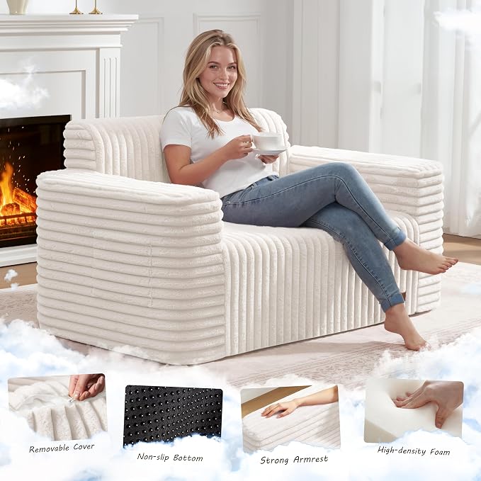 ZurNesfure Sofa Couch Cloud Loveseat, Memory Foam Couch with Pillow No Assembly Need, Modern Couch with deep seat and Washable Cover Boneless Sofas for Living Room Bedroom Apartment (White,Loveseat)