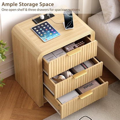 Decofy Fluted Nightstand with Charging Station, Modern Bedroom Side Table with Gold Handles, Curved Profile Design, End Table Wood Organizer for Bedroom, 19.7" & 3 Drawers (1 Pack, Natural Oak)