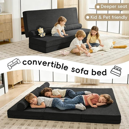 78" Boneless Couch, 5-in-1 Convertible Sofa Bed Tri Folding Mattress with Removable L-Shaped Armrests, Corduroy Futon Couch Sleeper with Pull Out Bed for Living Room Bedroom Apartment, Black