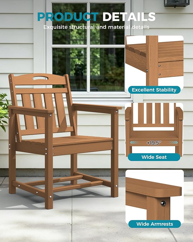Ciokea Outdoor Patio Dining Chair Set of 2, HDPE Porch Chairs for Dining Table, All-Weather Durable Outdoor Furniture for Backyard, Poolside, Lawn & Garden, Teak
