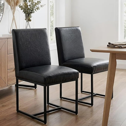 HNY Modern Dining Chairs Set of 2, Upholstered Leather Dining Room Chairs with Ergonomic Back & Metal Frame for Home, Kitchen, Apartment, Black