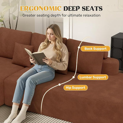 112" Modern Curved Cloud Couch, Corduroy Boneless Couches for Living Room with Deep Seat, Memory Foam Compressed Modular Sectional Sofa, No Assembly Required,Brown 1 PCS