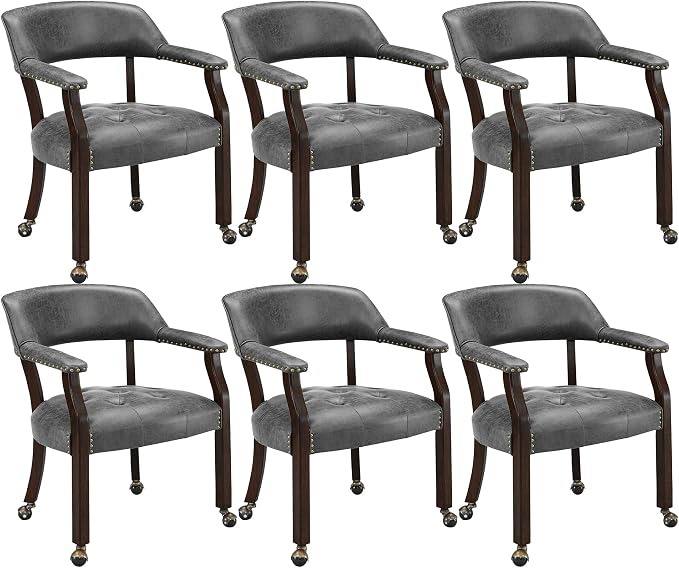 LEEMTORIG Set of 6 Dining Chairs with Casters and Arms, Rolling Dining Chairs with Wheel for Elderly, Ergonomic Wide Seat Wood Office Desk Chairs, 26"Dx25.2"W, Espresso Legs&Dark Grey Fabric SY-318-GY