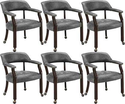 LEEMTORIG Set of 6 Dining Chairs with Casters and Arms, Rolling Dining Chairs with Wheel for Elderly, Ergonomic Wide Seat Wood Office Desk Chairs, 26"Dx25.2"W, Espresso Legs&Dark Grey Fabric SY-318-GY