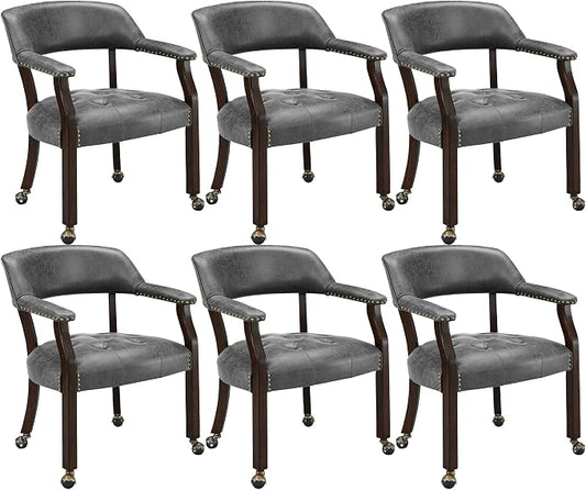 LEEMTORIG Set of 6 Dining Chairs with Casters and Arms, Rolling Dining Chairs with Wheel for Elderly, Ergonomic Wide Seat Wood Office Desk Chairs, 26"Dx25.2"W, Espresso Legs&Dark Grey Fabric SY-318-GY