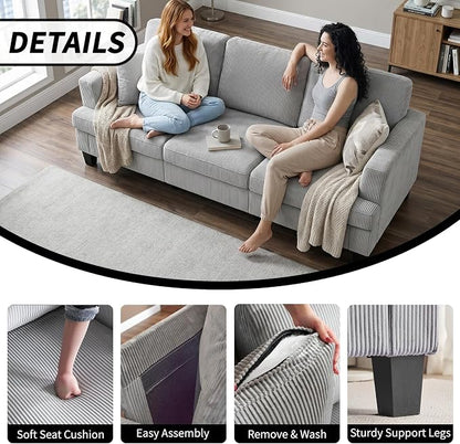 Modern 3 Seater Sofa for Living Room with Soft Deep Seats, Sofa 3 Seater in Linen, Upholstered Apartment Sofa with Armrests, Comfy Cozy Sofas for Bedroom (Corduroy, Light Grey)