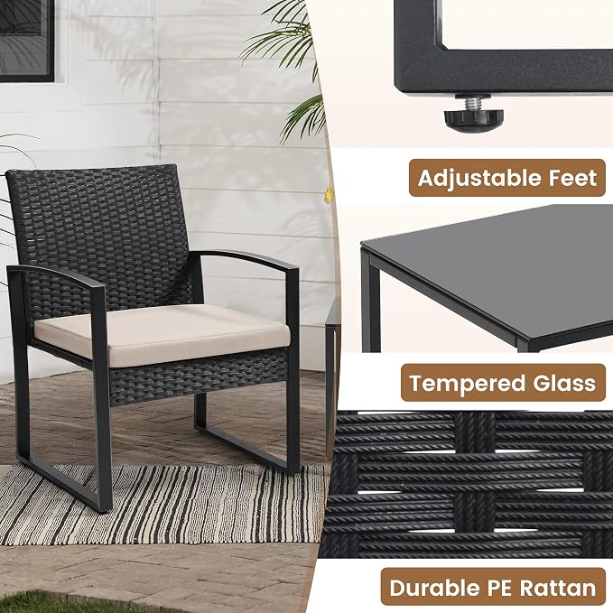 3 Piece Outdoor Wicker Bistro Set, Rattan Patio Conversation Set with Coffee Table & Washable Cushions for Porch Yard Balcony, Black/Beige