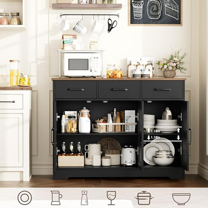 HOSTACK Modern Farmhouse Buffet Sideboard Cabinet, Barn Doors Storage Cabinet with Drawers and Shelves, Wood Coffee Bar with Storage for Dining Room, Kitchen, Living Room, Black/Rustic Brown