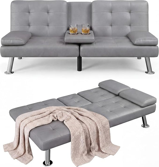 Flamaker Futon Sofa Bed Modern Folding Futon Set PU Leather Convertible Recliner Lounge for Living Room with 2 Cup Holders, Removable Armrests (PU Leather, Dark Grey)