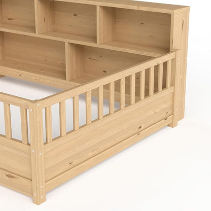 Bellemave Kids Montessori Floor Bed Full Size,Floor Bed Frame with Bookcase and Fence for Kids Boys Girls,Natural