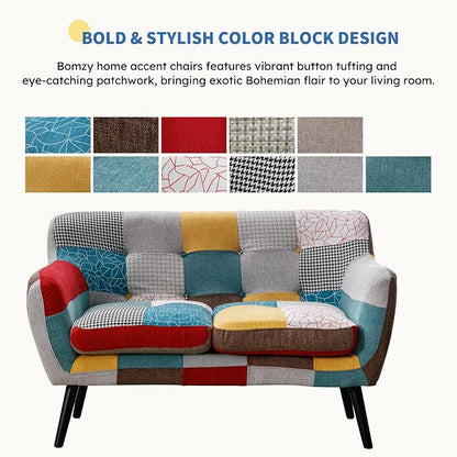 Bonzy Home Modern Colorful 2 Piece Coroful Fabric Sofa Set, Included Accent Chairs and Boho Loveseat Sofa, Linen Patchwork Plaid Couches with Rubberwood Legs and Removable Upholstered for Living Room