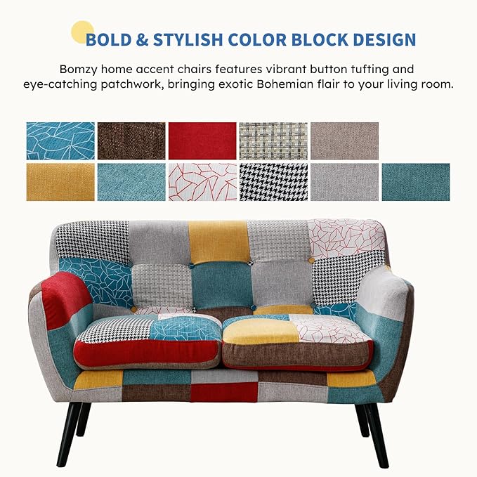 Bonzy Home Modern Colorful 3 Piece Coroful Fabric Sofa Set, Included 2 Accent Chairs and Boho Loveseat, Linen Patchwork Plaid Couches with Rubberwood Legs and Removable Upholstered for Living Room