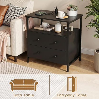 Edbuosy 27 inch Wide Nightstand Set 2 with Charging Station, Bedside Table with Open Shelf, 2 Drawers Small Wood Dresser, Modern Wood Nightstand for Bedroom/Living Room, Black