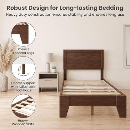 Giantex Twin Size Wooden Bed Frame with Headboard, Wood Slat Support | Modern Platform Bed with Heavy Duty Mattress Foundation, Under-Bed Storage, No Box Spring Needed, Easy Assembly (Walnut)