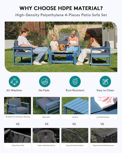 SERWALL 8 Pieces HDPE Outdoor Conversation Sofa Set with Cushion, All Weather Couch Loveseat Furniture Set with Pads, Outdoor Social Sofa Coffee Table Set, Blue Frame with Grey Cushions