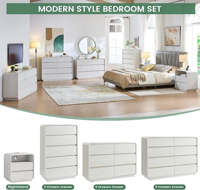 Standifurno White 5 Drawers Dresser, Curved Dresser with Storage Organizer, Modern Drawer of Handleless, Large Chest of Drawers for Living Room, Nursery, Entryway, 29.5’’W