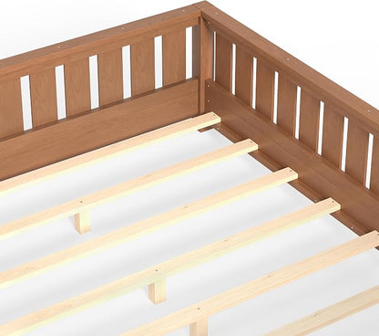 Bellemave Full Size Floor Bed with high Rails and with Built-in Bookshelf for Kids, Girls, Boys, Wood Montessori Floor Bed Without Door, Natural