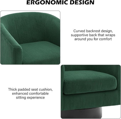 Swivel Barrel Accent Chair, Modern Round Corduroy Fabric Arm Chair for Living Room, Bedroom, Comfy Club Reading Chairs for Adults (Corduroy Dark Green, Set of 2)