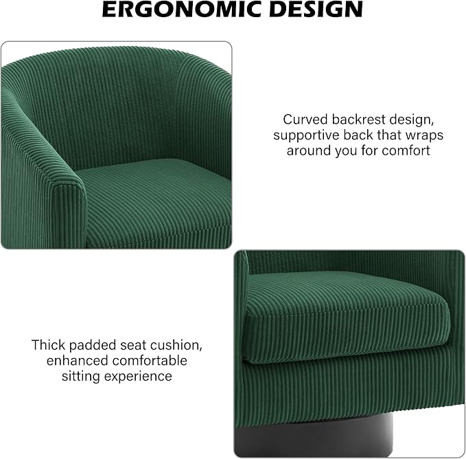 Swivel Barrel Accent Chair, Modern Round Corduroy Fabric Arm Chair for Living Room, Bedroom, Comfy Club Reading Chairs for Adults (Corduroy Dark Green, Set of 4)