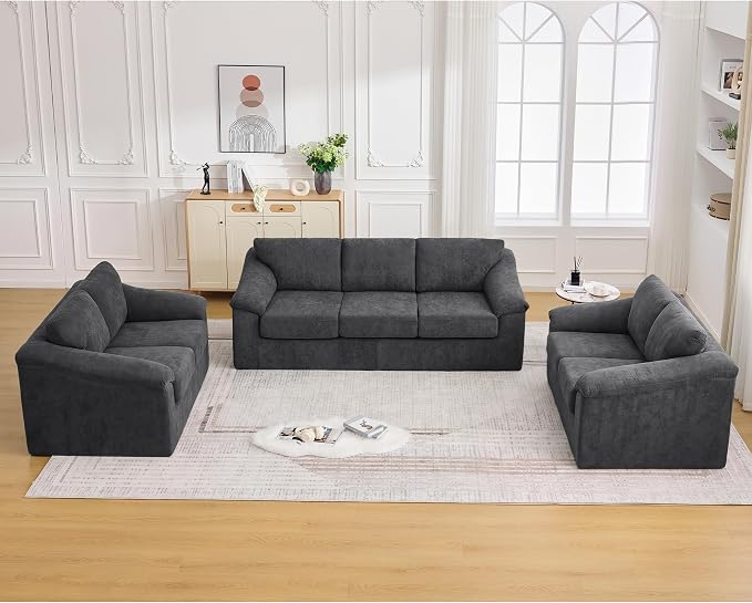 Oversized Boneless Couch Sets, Modern 3 Seater Sofa with 2 Loveseat Sofas, Floor Cloud Couch Sets with Extra Comfy Soft Deep Seats for Living Room, Apartment, No Assemby, Set of 3, Dark Gray