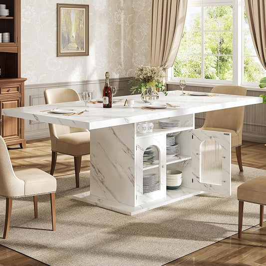 HSH Dining Table for 4–6, 63" Modern Kitchen Dining Room Table with Storage Shelves & Acrylic Door Cabinet,Wood Rectangle Dinner Table with Faux Marble Top for Home Apartment, White Faux Marble