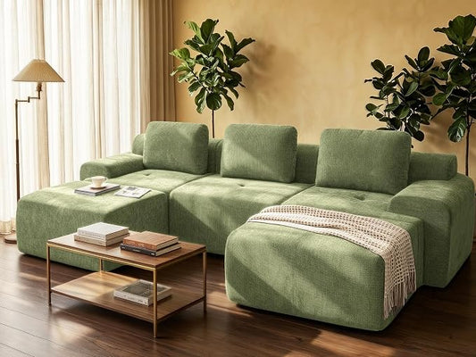 122" U Shaped Oversized Boneless Couch, Comfort Cloud Sectional Couches for Living Room, Modular Sofa High Back & Extra Deep Seat, No Assembly, Chenille(Olive Green, 122 inch-U Shaped（3+2）)