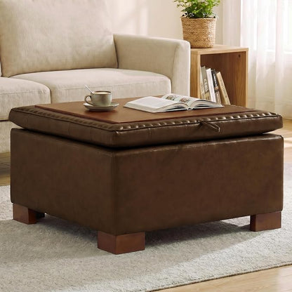 30 Inch Square Storage Ottoman Coffee Table, Modern Tufted Upholstered Ottoman with Flip Tray and Solid Wood Legs, Suitable for Living Rooms, Faux Leather Coffee