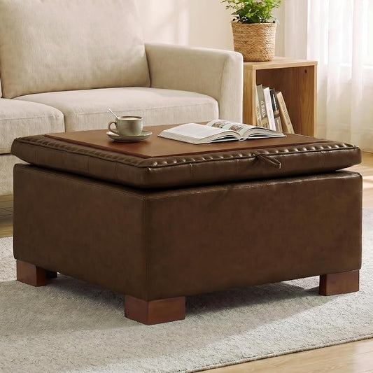 30 Inch Square Storage Ottoman Coffee Table, Modern Tufted Upholstered Ottoman with Flip Tray and Solid Wood Legs, Suitable for Living Rooms, Faux Leather Coffee