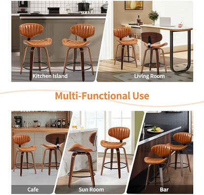Swivel Bar Stools Set of 3, 24 inch PU Leather Wooden Bentwood Barstools Counter Height Modern Breakfast Bar Chairs with Backrest and Footrest for Kitchen Island, Dining Room D035-Brown-3
