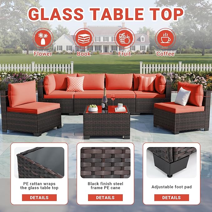 LAFWELL 7 Pieces Outdoor Patio Furniture Sets,Rattan Conversation Sectional Set,Manual Weaving Wicker Patio Sofa with Tea Table
