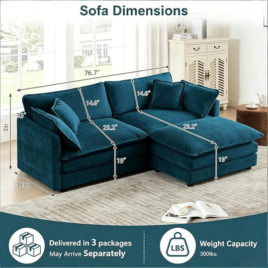 Modular Sectional Sofa with Ottoman, 76.7" Modern L Shaped Sectionals Cloud Couch, Comfy Couch Loveseat, 3 Seat Chenille Deep Seat Sofa with Pillow for Living Room, Bedroom Apartment,Small Spaces-Blue