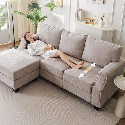 Rexulqo 85'' L Shaped Couch with Armrest Organizer,3 Seats Sofas with Storage Ottoman,Comfy Sectional Sofa with Thick Cushion,Chenille Sectional Couches for Living Room,Bedroom,Apartment,Khaki