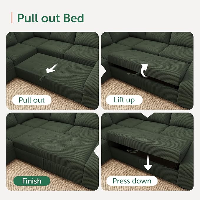 HONBAY Modular Sectional Sleeper Sofa with Pull Out Bed, U Shaped Sleeper Couches with Storage Chaise, 114'' Sleeper Sectional Sofas for Living Room, Apartment (Velvet Green)