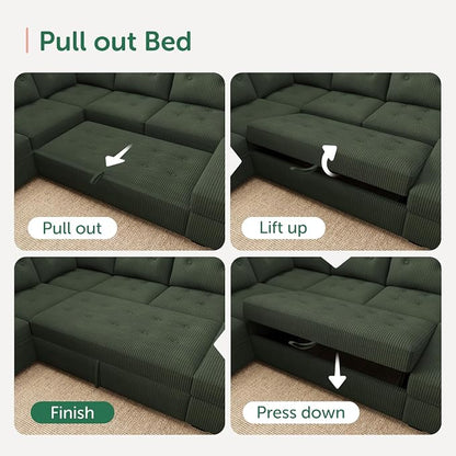 HONBAY Modular Sectional Sleeper Sofa with Pull Out Bed, U Shaped Sleeper Couches with Storage Chaise, 114'' Sleeper Sectional Sofas for Living Room, Apartment (Velvet Green)