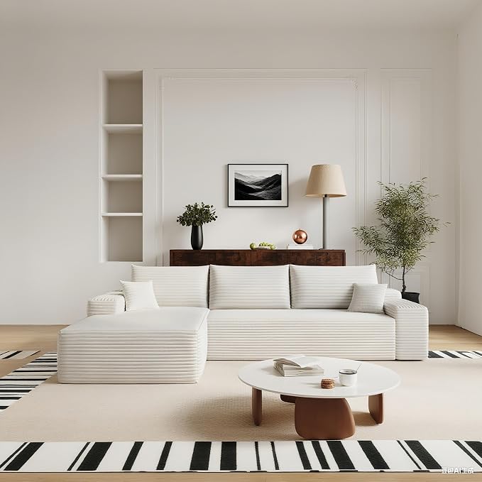 107" Corduroy Couch for Office, Cloud L Shape Sofa, Deep Seat Comfy Couches for Living Room Bedroom Apartment, Compressed Foam No Assembly Required, Left Facing Chaise, White
