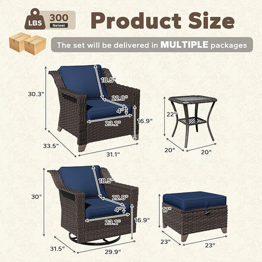 7 Pieces Patio Conversation Furniture Set - 2 Armchairs, 2 Ottomans, 2 Swivel Chairs, 1 Side Table, Outdoor Wicker Furniture with Removable Cushions for Porch, Balcony, Sunroom (Blue)