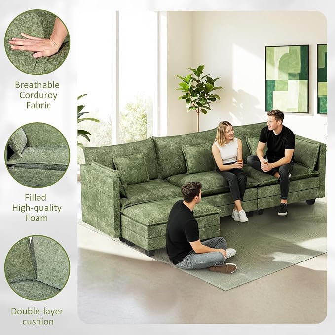 LEVELEVE 112.5" L-Shape Modular Sofa with 1 Ottomans, Deep Seat Cloud Convertible Sleeper, 3 Throw 2 Arm Pillows, Comfortable Upholstered Furniture for Living Room Apartment, Green